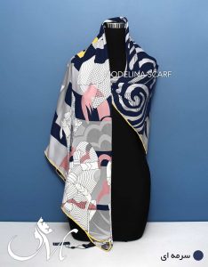روسری تویل ابریشم چهار طرح سرمه ای