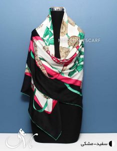 روسری ابریشم ژاکارد سفید مشکی