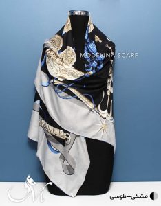 روسری ابریشم ژاکارد مشکی طوسی