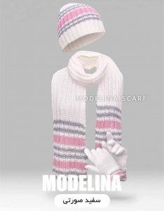 ست شال گردن،کلاه و دستکش سفید صورتی