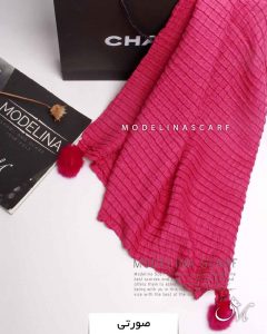 شال پلیسه مربعی پم پم دار صورتی