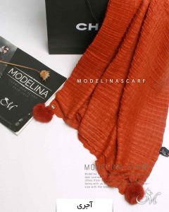 شال پلیسه مربعی پم پم دار آجری